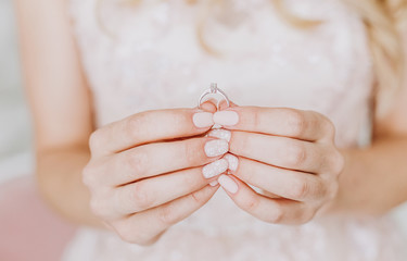 hands girl bride white dress ring flowers