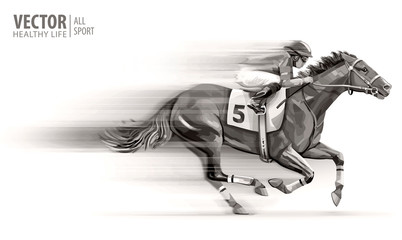 Jockey on racing horse. Champion. Hippodrome. Racetrack. Horse riding. Vector illustration. Derby. Speed. Blurred movement. Isolated on white background