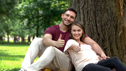Fototapeta na wymiar Pregnant couple showing thumbs up, social support for young families, welfare
