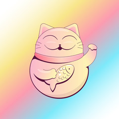  Maneki Neko cat with Fish and Raised Pawon on a Gradient Rainbow Background. Vector cute illustration.