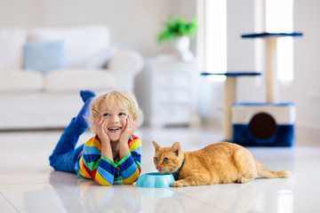 Child playing with cat at home. Kids and pets.