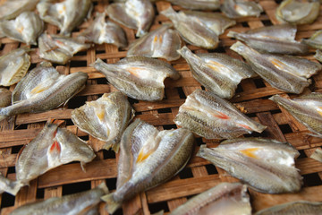 Dried fish on Bamboo sieve with sunny