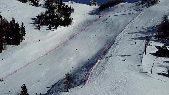 A ski resort aerial with a skiing competition