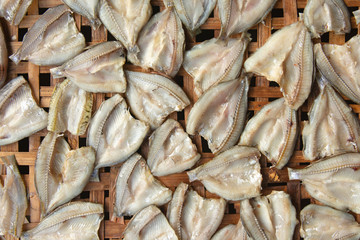 Dried fish on Bamboo sieve with sunny
