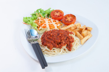Spaghetti with sauce and salad and Fenfried