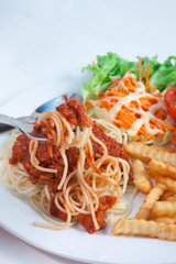 Spaghetti with sauce and salad and Fenfried