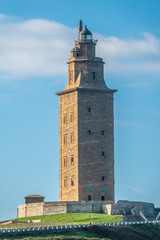 Fototapeta na wymiar The Tower of Hercules, an ancient Roman lighthouse on a peninsula about 2.4 kilometers (1.5 mi) from the centre of A Coruna (Corunna), the second largest city in Galicia, Northwestern Spain.