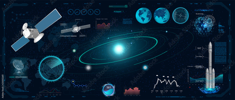 Poster radar screen. futuristic user interface ( dashboard, spaceship, circle elements, satellite, data and