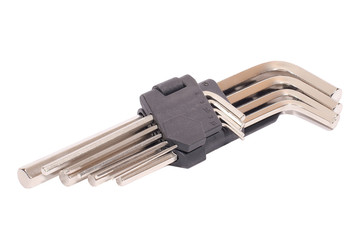 Set of hexagonal chrome keys in a package, on a white background, isolated