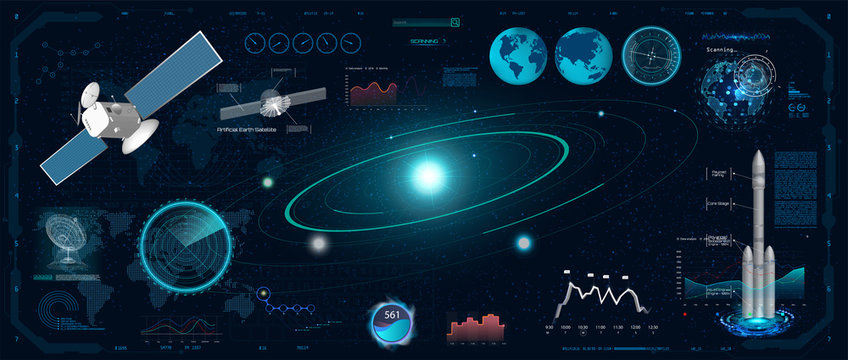 Radar Screen. Futuristic User Interface ( Dashboard, Spaceship, Circle Elements, satellite, Data and Information ) Radar Screen in the HUD Style, Future Vector Illustration Your Design