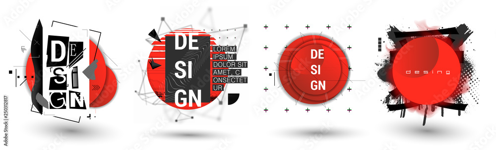 Poster Memphis vector illustration. Creative modern frames. Stylish graphics with elements of typography red abstract shape. Element for design business cards, invitations, gift cards, flyers and brochures