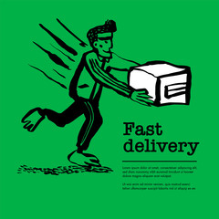 Delivery service concept. Web banner with Delivery guy handing a box on green background. Doodle ink style vector illustration.