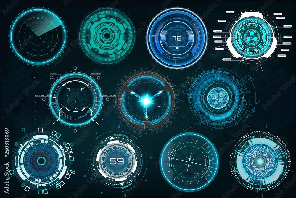 Poster set circle elements in a futuristic (hud) style.interface device: radars, crosshair, aim, turbojets,