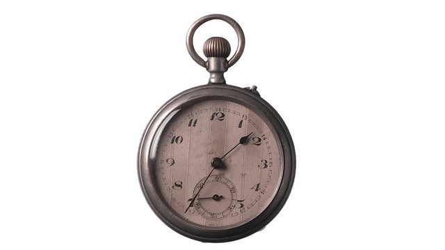Antique Pocket Watch, time lapse, isolated on white background