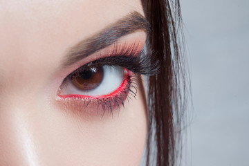Amazing Bright eye makeup with a wide arrow. Brown and red tones, colored eyeshadow.