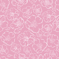 Vector Seamless background pattern. pink Sakura blossom, Japanese flowering cherry symbolic of Spring. for textile, web design, print, wrapping paper. hand drawing. silhouette, contour, sketch