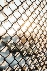 Fototapeta premium Chain link fence with barbed wire, background texture. 