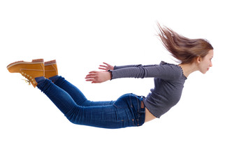 Side view of woman in zero gravity or a fall.
