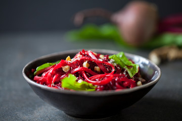 Beetroot spaghetti with hazelnuts and horseradish