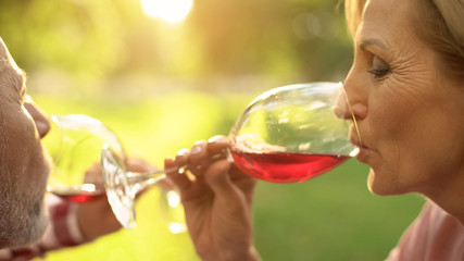 Loving elderly couple drinking alcohol beverage on outdoor date, celebration