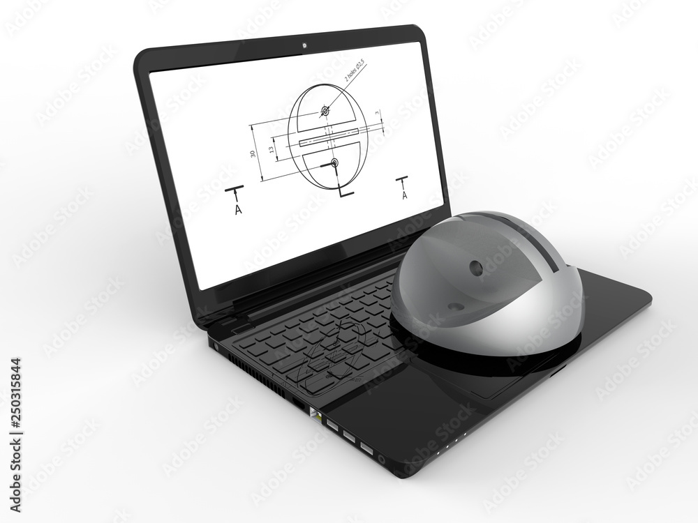 Poster 3d rendering - computer aided design on a laptop concept