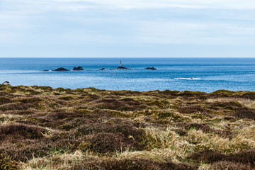 spring, sea view landscape with horizon; in the foreground is a coastal hilly field with a grassland; the sea has some rocks above the water, one of them has a lighthouse