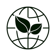 Globe with green leaves icon. Symbol of ecological, sustainable, green and pollution free planet. Vector Illustration