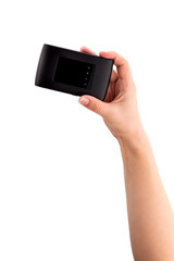 Portable usb router on a white background. 4g router in hand on a white background.