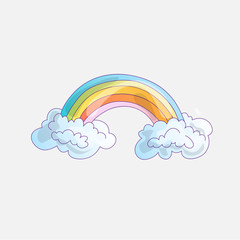 Color Rainbow With Clouds. Cute cartoon rainbow in blue clouds, on grey background