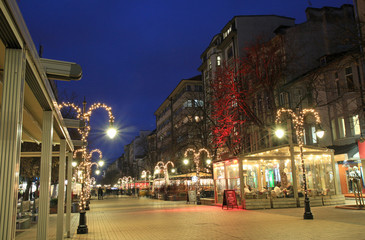 Vitosha Boulevard in Sofia (Bulgaria) in the evening