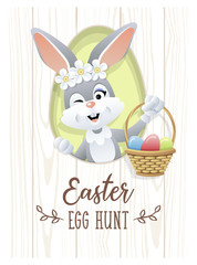 Easter Egg Hunt. Cute Easter rabbit with Wicker Basket and colorfull eggs. Vector illustration.