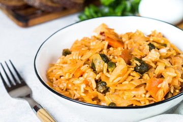 Cabbage stew with rice and vegetables. 