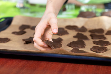 Przygotowanie ciastek do wypieku. Gotowe kształty wycięte z ciasta układane na papierze do pieczenia przez dziecko. © Tomasz