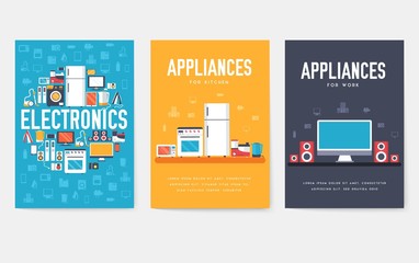 Home appliances cards set. Electronics template of flyear, magazines, posters, book cover, banners. Devices infographic concept background. Layout illustrations template pages with typography text