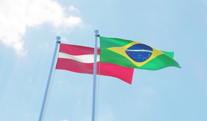 Latvia and Brazil, two flags waving against blue sky. 3d image