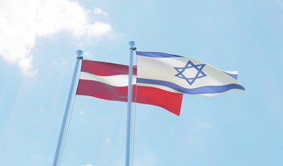 Latvia and Israel, two flags waving against blue sky. 3d image
