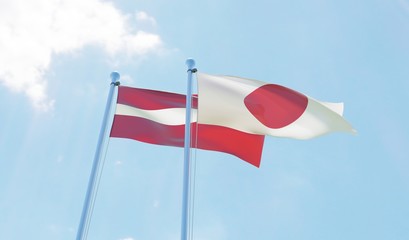 Latvia and Japan, two flags waving against blue sky. 3d image