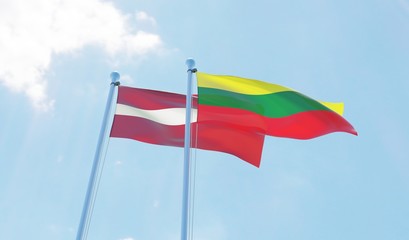 Latvia and Lithuania, two flags waving against blue sky. 3d image