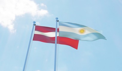 Naklejka premium Latvia and Argentina, two flags waving against blue sky. 3d image
