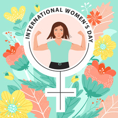 Fototapeta na wymiar 8 march, International Women's Day, girl power greeting card. Female symbol with strong woman decorated with flowers. Vector illustration.