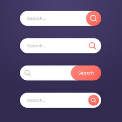 Obraz premium Set of modern search bar with rounded corners and shadows in flat material style. Search button design with magnifier icon. Element of interface for web page or mobile application. Vector eps 10.