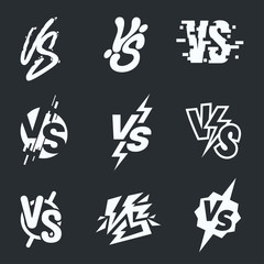 Set of simple versus sign in different styles. White Versus icons isolated on dark background. VS letters collection. Symbol of competition, dispute, fight. Element for your design. Vector eps 10.