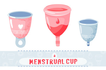 Feminine hygiene. Set of different menstrual cups. Protection for woman critical days. Vector illustration on white background.