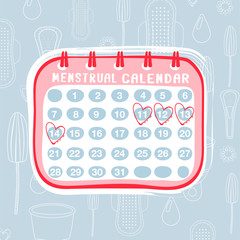 Obraz premium Feminine hygiene composition with menstrual calendar and outline background. Menstruation concept. Vector illustration.