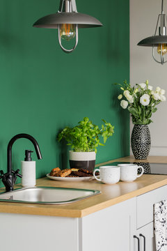 White Roses In Vase, Herbs In Pot, Cookies On Plate And Coffee Mugs On Wooden Counter In Green Kitchen