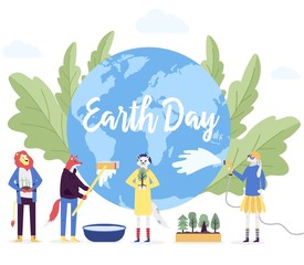 little character prepare for the day of the Earth concept. Save the planet, save energy, the hour of the Earth design. Earth day vector flat illustration