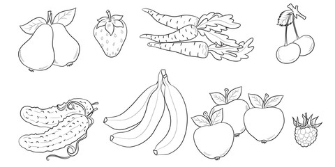 Set of fruits and vegetables, black and white illustration, outline style.
