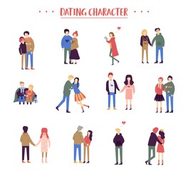 Flat cartoon happy romantic couples walking together on white background. Standing single lonely girl or pairs of men and women on date. Modern colorful vector illustration