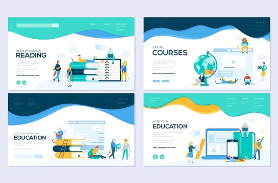 Website and mobile website development illustration concepts. Set of web page design templates for online courses, distance education,  e-learning, tutorials. Modern vector web page