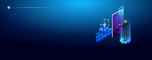 Isometric cyber security concept. Cyber security and privacy. Traffic Encryption, VPN, Privacy Protection Antivirus. Vector illustration